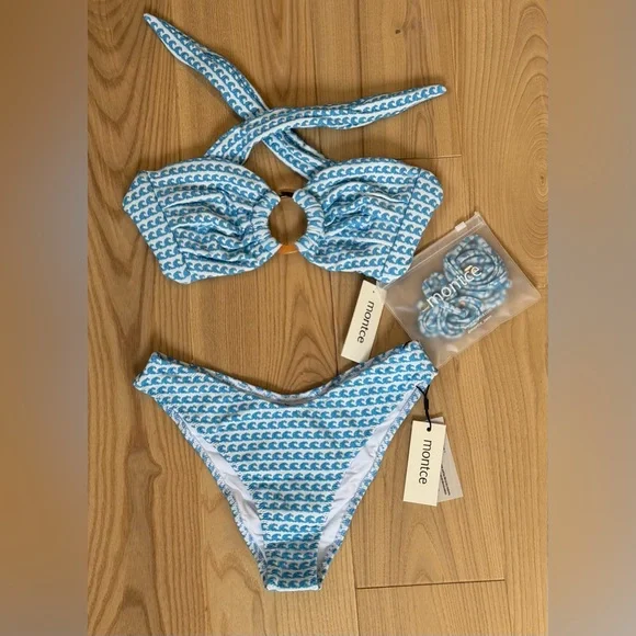 Montce Swim Bikini Set NWT Wave Repeat Tori Ties Bandeau Top & Lulu Bottoms S - Picture 2 of 13